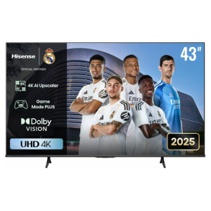 Promotional 43-inch UHD 4K Hisense TV featuring Real Madrid players, highlighting 4K AI Upscaler, Game Mode PLUS, Dolby Vision, and 2025 model