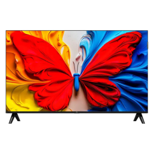 Flat-screen TV on a stand displaying a bright butterfly wallpaper with red, yellow, and blue wings.