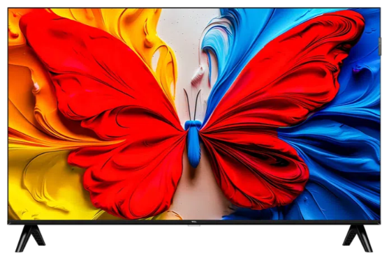 43S5K - Computech-Solutions Flat-screen TV on a stand displaying a bright butterfly wallpaper with red, yellow, and blue wings.