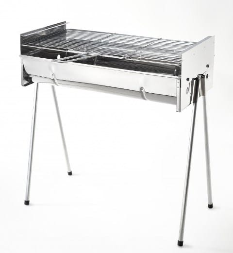 451 ComputechSolutions Portable stainless steel charcoal grill on three legs with a front drip tray and side vents for grilling outdoors
