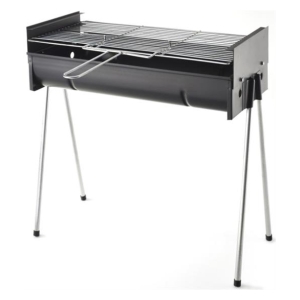Portable charcoal grill with a chrome grilling grate, standing on four metal legs and side handles.