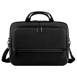Black Dell laptop bag with two top handles, a front zipper pocket, and an adjustable shoulder strap