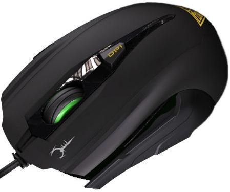 4710728309250 - Computech-Solutions Wired black gaming mouse with the top shell opened, revealing internal circuitry and a glowing green element.