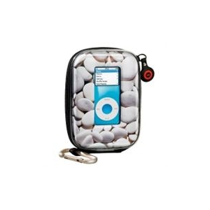 Waterproof case for an iPod, shown with a blue device inside and a clip attachment at the side.