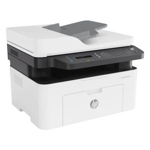 HP multifunction color laser printer with flatbed scanner and control panel on a white desk model.