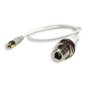 Coaxial RF cable with circular metal connectors on each end.
