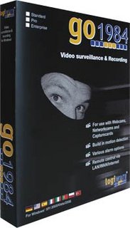 505451 - Computech-Solutions Go1984 video surveillance & recording software box with a dark cover and a close-up of eyes peeking from the shadowed face on the front.