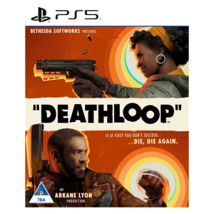 Poster for the video game Deathloop with a woman aiming a gun on the top half and a man with a determined expression on the bottom half, a bold Deathloop title centered between them, and orange geometric background.