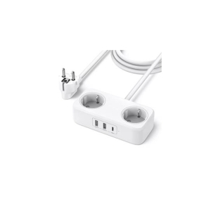 White power strip with two European-style outlets and three USB ports, viewed from above with the plug nearby.
