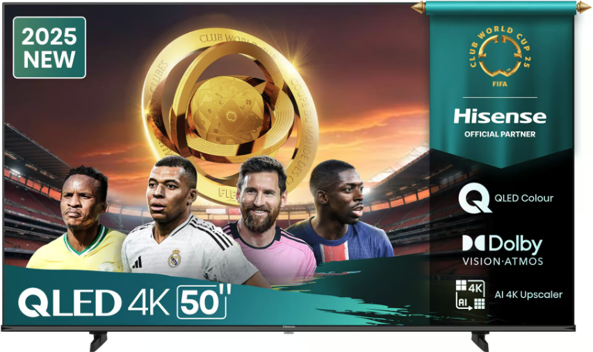 50Q6Q - Computech-Solutions QLED 4K 50-inch TV with four soccer players and a golden trophy in a stadium backdrop (2025 new).