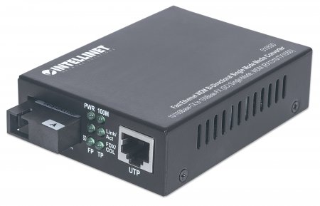510530 - Computech-Solutions Media converter with power/status LEDs, an Ethernet (UTP) port and a fiber optic port on the front.