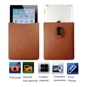 Two tan leather tablet sleeves shown from front and back, featuring a pull strap and vertical opening.
