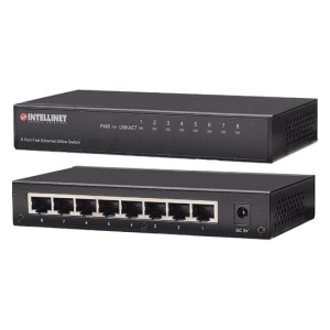Intellinet 8-port Fast Ethernet switch, front panel with LED indicators and port labels, back with eight RJ-45 ports and a DC 5V power input.