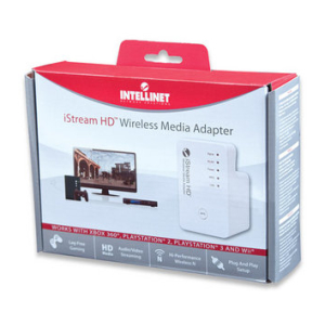 Box packaging for Intellinet iStream HD Wireless Media Adapter, showing the white adapter and a TV setup image on the front.