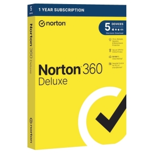 Norton 360 Deluxe 1-year subscription box for 5 devices, bright yellow packaging with Norton logo and a large checkmark graphic