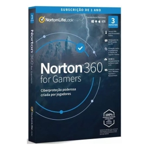 Caixa do Norton 360 for Gamers: pacote de software azul com design de circuitos e texto em português, destacando assinatura de 1 ano e 3 dispositivos