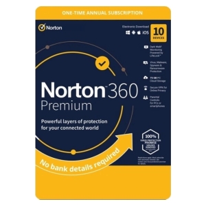 Norton 360 Premium software box showing a 10-device license and security features, including no bank details required and cloud storage.