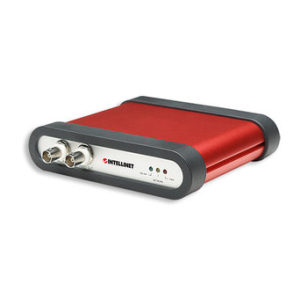 Intellinet network device with a red body and gray ends, featuring two coax-style ports and status LEDs on the front panel.