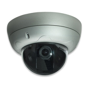 White dome security camera with a black lens, mounted on a ceiling edge.