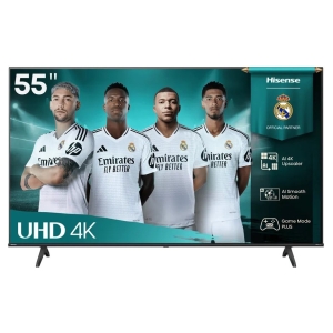 55-inch Hisense 4K UHD TV displaying a Real Madrid team promo image with four players in white jerseys.