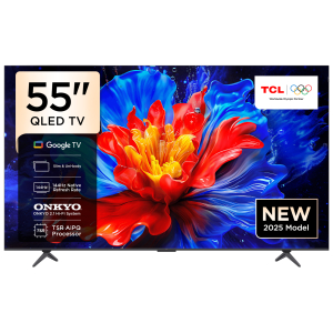 55-inch TCL QLED TV with vibrant abstract wallpaper; TCL logo and Olympic Partner badge visible on the top-right corner of the screen.