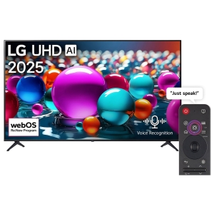 LG UHD AI 2025 smart TV with colorful spheres, 'Voice Recognition' label, and a remote showing 'Just speak!' speech bubble.