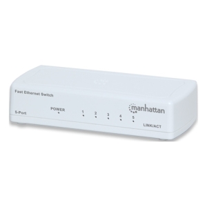 Manhattan 5-port Fast Ethernet switch with LEDs for Power and Link/Act (ports 1–5).