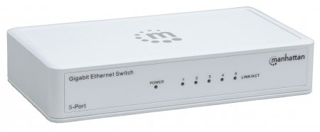 560696 - Computech-Solutions White 5‑port gigabit Ethernet switch with front‑panel LEDs and Manhattan branding.