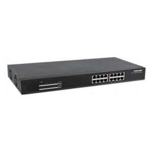 Rack-mount network switch with 24 Ethernet ports and two uplink/SFP ports on the front panel.