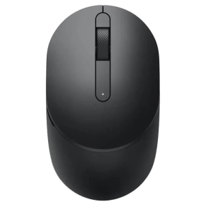 Top-down view of a black wireless computer mouse with a scroll wheel, seen from above.