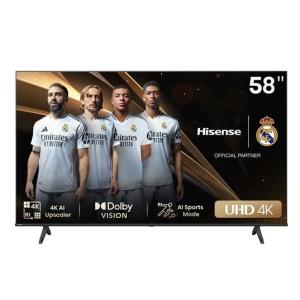 58-inch Hisense UHD 4K TV displaying four Real Madrid players in white jerseys, highlighting 4K Upscaler and Dolby Vision features.