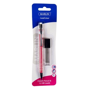 Marlin Lead Liner clutch pencil in blue packaging with 12 HB leads and a small sharpener/eraser accessory in blister pack