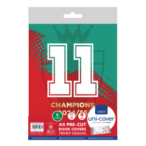 Packaging for A4 pre-cut book covers with teal and red design, large white '11' numerals, and uni-cover logo.