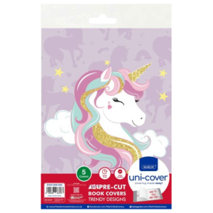 Illustrated white unicorn with pastel pink, teal, and gold mane on a lavender background; unicorn-themed packaging for uni-cover book covers (5 covers)