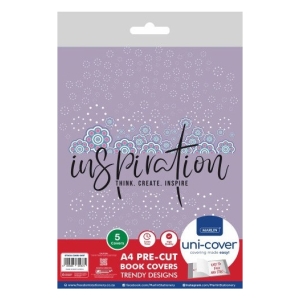 Packaging for Inspiration A4 pre-cut book covers; lavender background with blue-pink floral patterns, prominent 'inspiration' logo and the tagline 'Think. Create. Inspire', plus a Uni-Cover logo and note that there are 5 covers included.