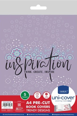 6009685854872-14 - Computech-Solutions Packaging for Inspiration A4 pre-cut book covers; lavender background with blue-pink floral patterns, prominent 'inspiration' logo and the tagline 'Think. Create. Inspire', plus a Uni-Cover logo and note that there are 5 covers included.