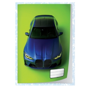 Top-down view of a blue SUV on a bright lime-green background, with a white label area in the bottom-right corner.
