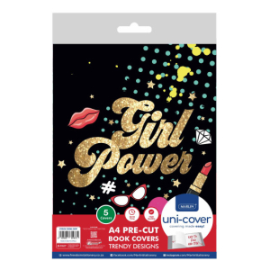 Packaging for A4 pre-cut book covers with black background and gold glitter 'Girl Power' text, plus accents like lips, lipstick, diamonds and confetti keying a bold, fashionable design.