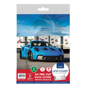 Package of uni-cover A4 pre-cut book covers featuring a blue sports car on the front. Includes five covers.