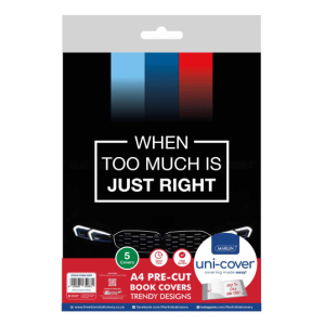Package for A4 pre-cut book covers with the slogan 'When too much is just right' and a blue-red color bar design at the top