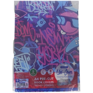Colorful graffiti-style notebook cover packaging in purple, pink, and blue, with text like 'A4 Pre-Cut Book Covers' and 'Uni-Cover' by Marlin visible.