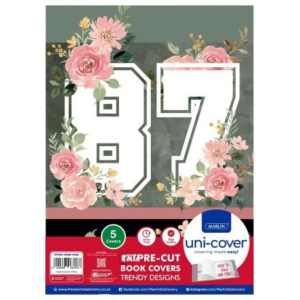 Front of a notebook cover featuring large white '87' numbers outlined in gray, adorned with pink roses and greenery on a muted background, with Uni-Cover branding at the bottom-right.