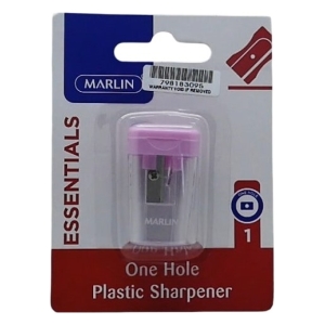 Packaging for a Marlin Essentials one-hole plastic pencil sharpener; pink top, clear body, barcode on blue-red card.