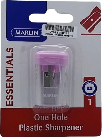6009685856685-PK - Computech-Solutions Packaging for a Marlin Essentials one-hole plastic pencil sharpener; pink top, clear body, barcode on blue-red card.