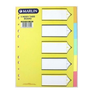 Yellow five-index tab board binder divider by Marlin, with five white tab slots and color-coded right-side dividers (blue, green, pink).