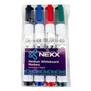 Set of four Nexx medium whiteboard markers in black, blue, red, and green, stored in a clear wallet pouch.