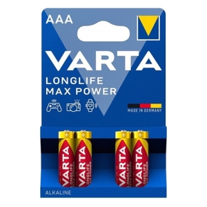 VARTA Long Life Max Power AA alkaline batteries in a blue blister-pack package, two batteries visible and Made in Germany label