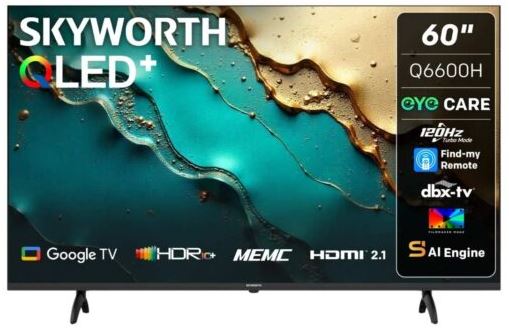 60Q6600H - Computech-Solutions 60-inch Skyworth QLED+ smart TV on a stand, displaying Google TV, HDR+, MEMC, HDMI 2.1, EyeCare and Find‑My Remote features.