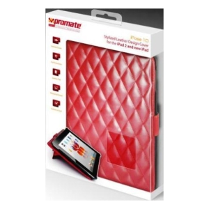 6161815965916 - Computech-Solutions Promate red quilted leather-style iPad 2 case in packaging, showing built-in stand and a tablet image on the sleeve.