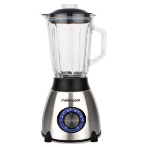 Electric blender with glass pitcher and blue-dial control on a stainless steel base